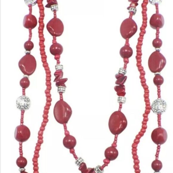 New Semi Precious Multi Strand Red & Silver Necklace 30" NWT - Picture 2 of 3